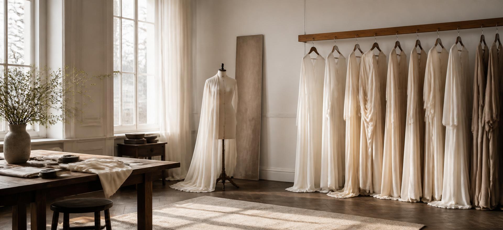 Atelier lumineux : portant de pièces longues en crêpe ivoire et mannequin drapé d'un voile