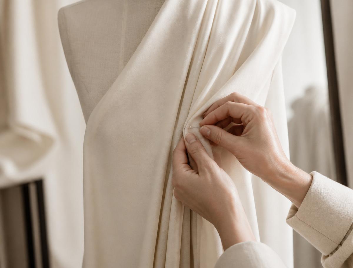 Mains d'une modéliste épinglant un drapé de crêpe fluide sur un mannequin de couture